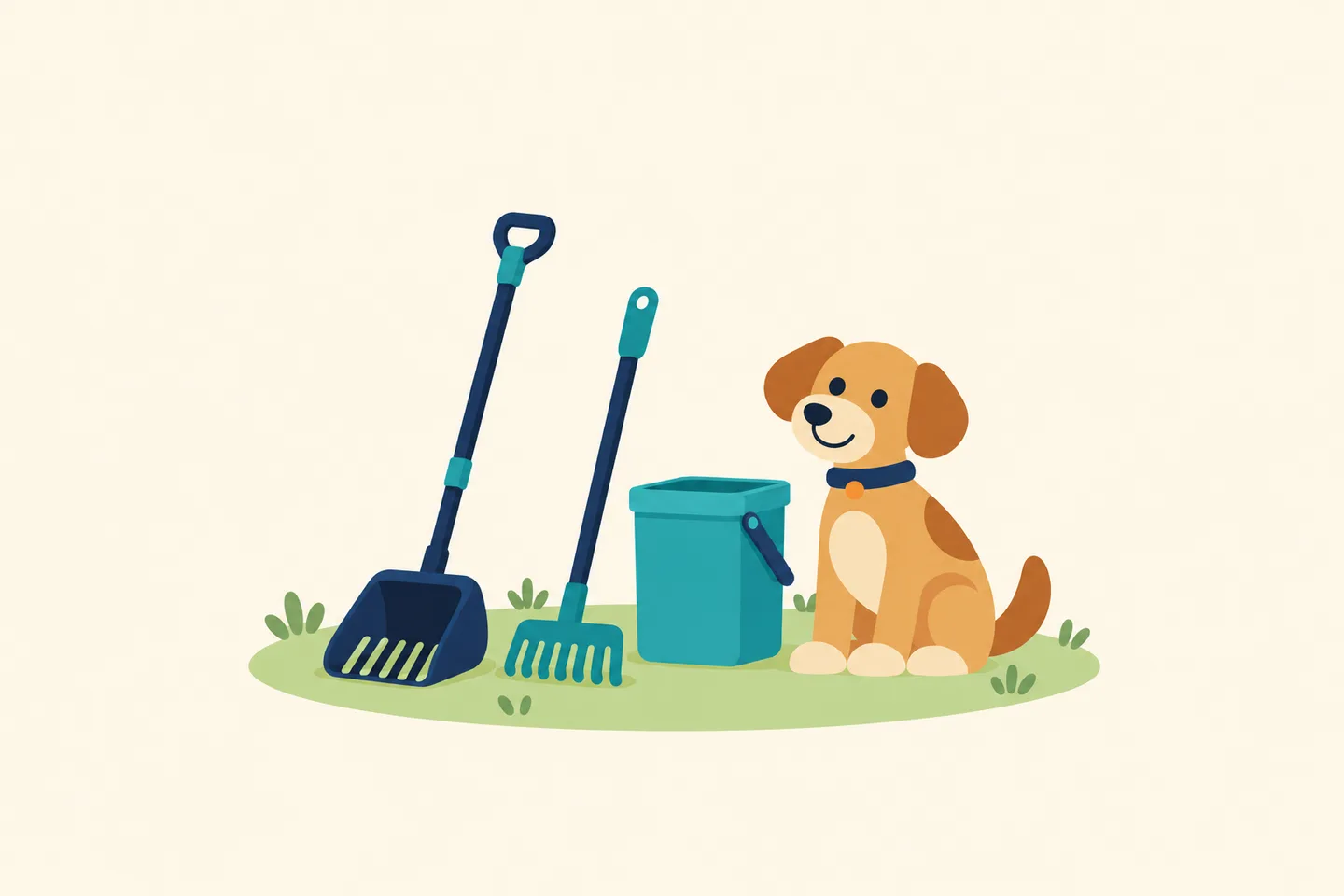Flat illustration of a dog beside generic long-handled cleanup tools and a collection bin.