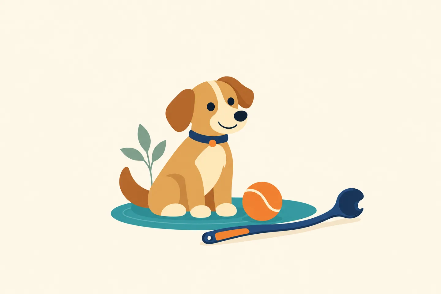 Flat illustration of a dog beside an orange fetch ball and a curved navy launcher.