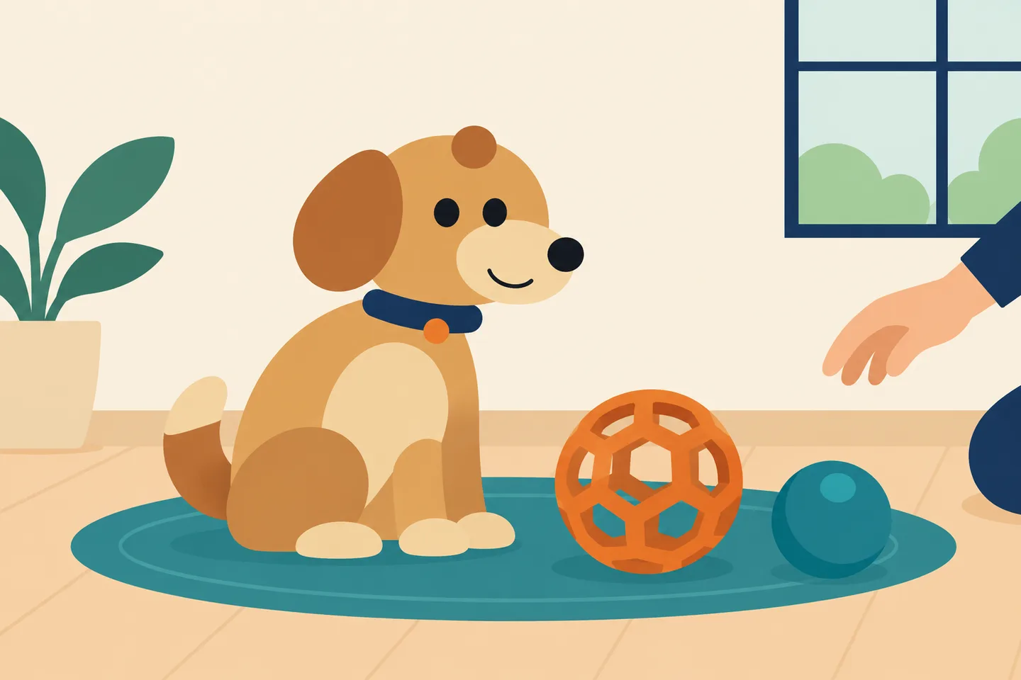 Flat illustration of a dog beside an orange lattice ball and teal ball, with a caregiver's hand nearby.
