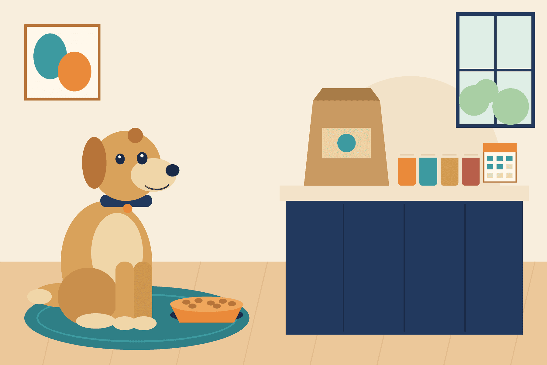 Flat editorial illustration of a friendly dog sitting beside a generic food bowl and an unbranded kraft food bag, with…