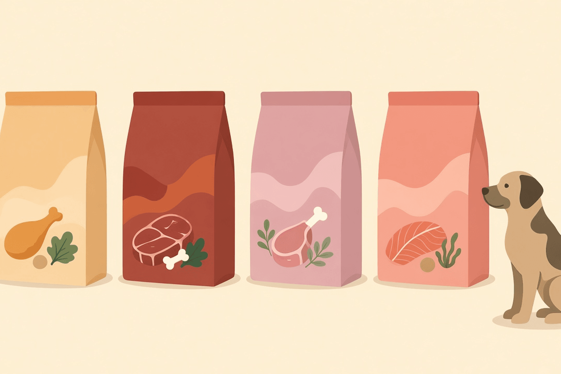 Flat editorial illustration of four unbranded dog-food bags with chicken, beef, lamb and salmon icons in a row, and a…