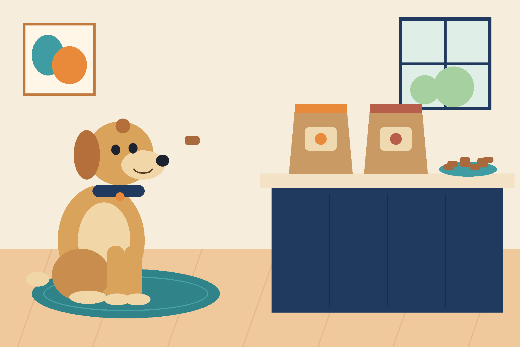Flat editorial illustration of a sitting dog watching a treat, with two unbranded kraft treat pouches and a small dish…