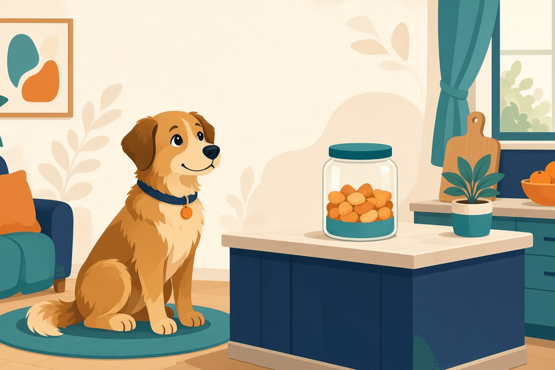 Illustration éditoriale d’un chien amical près d’un pot de friandises générique et d’un propriétaire agenouillé, avec…