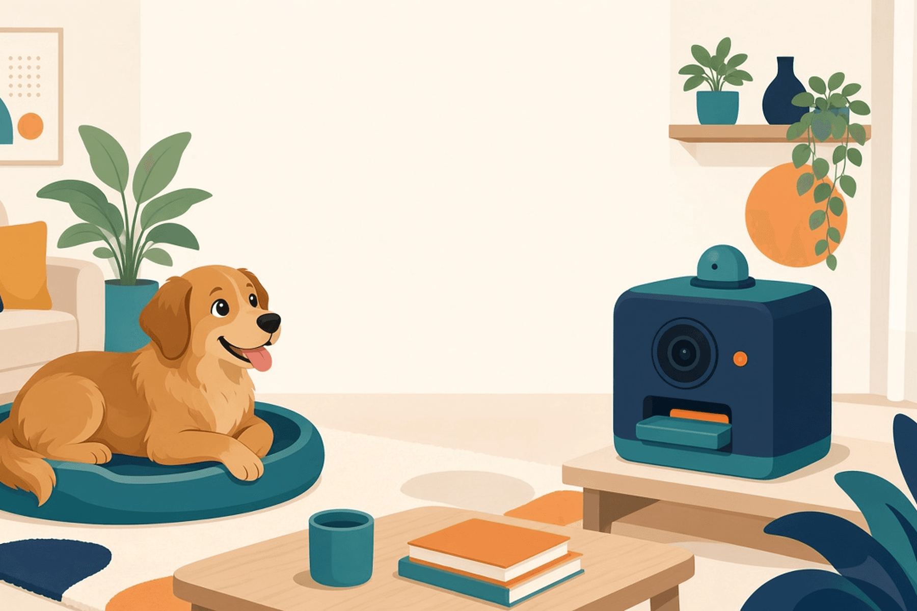 Illustration of a dog at home with a generic treat-dispensing pet camera