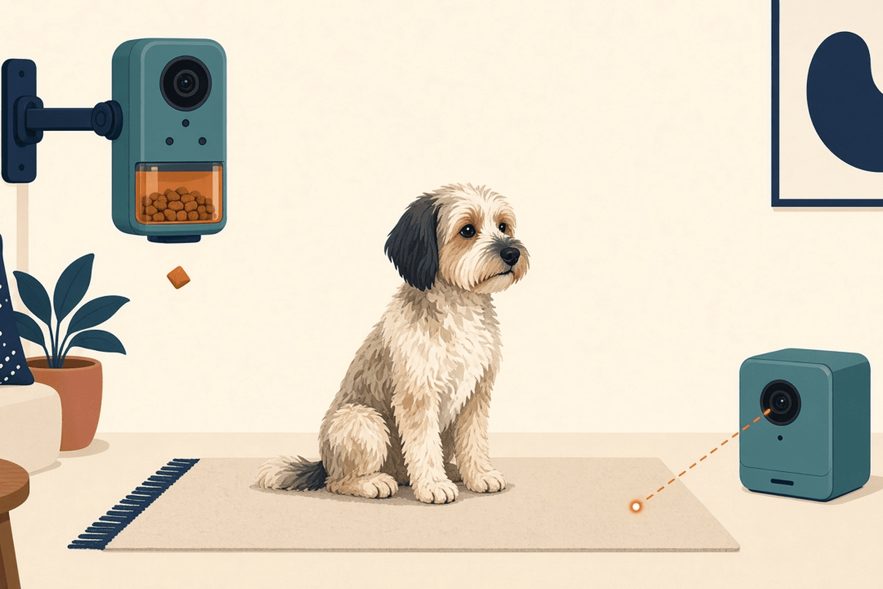 Illustration of a dog in a living room between a tall treat-dispensing camera on a wall and a small cube camera…