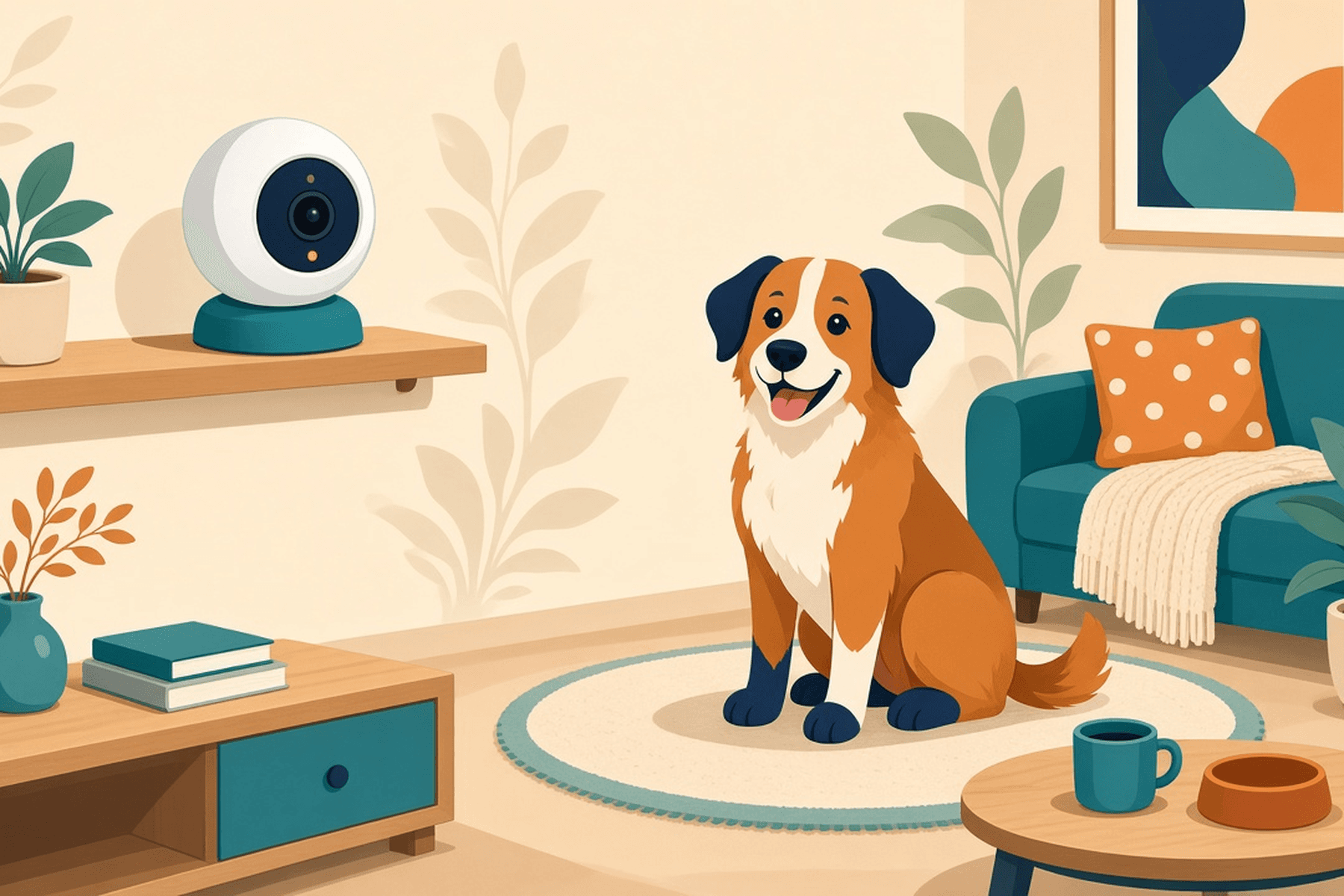 Illustration of a dog at home with a generic pet camera