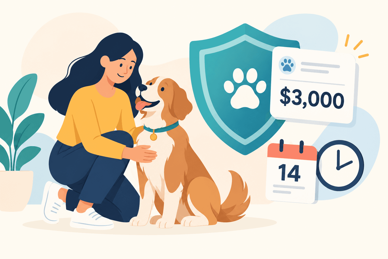 Illustration d'une propriétaire avec son chien, un bouclier, une facture vétérinaire de 3 000 $ et un calendrier marqué 14.