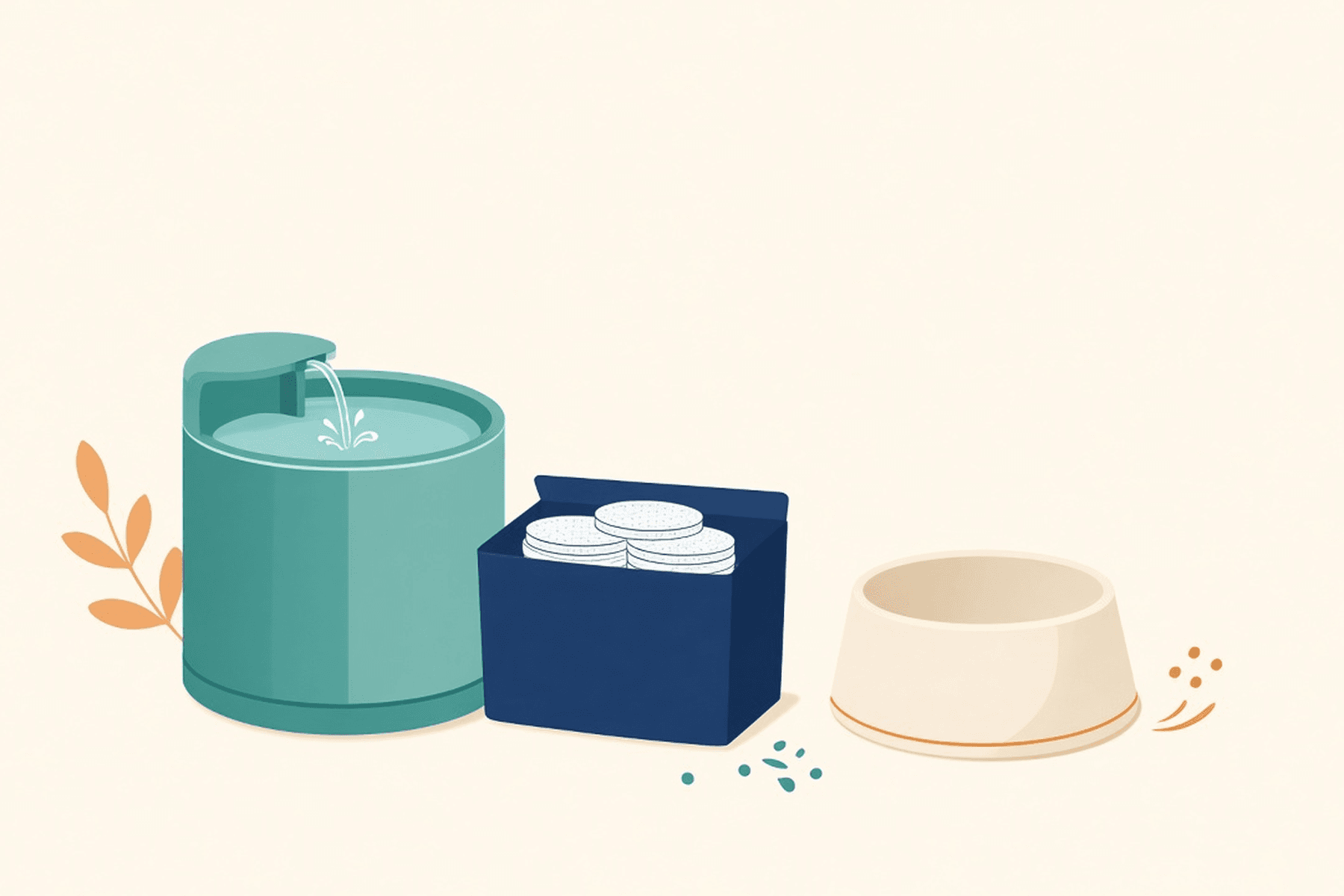 Illustration d’une fontaine pour animal à côté d’un pack de filtres et d’un bol simple.