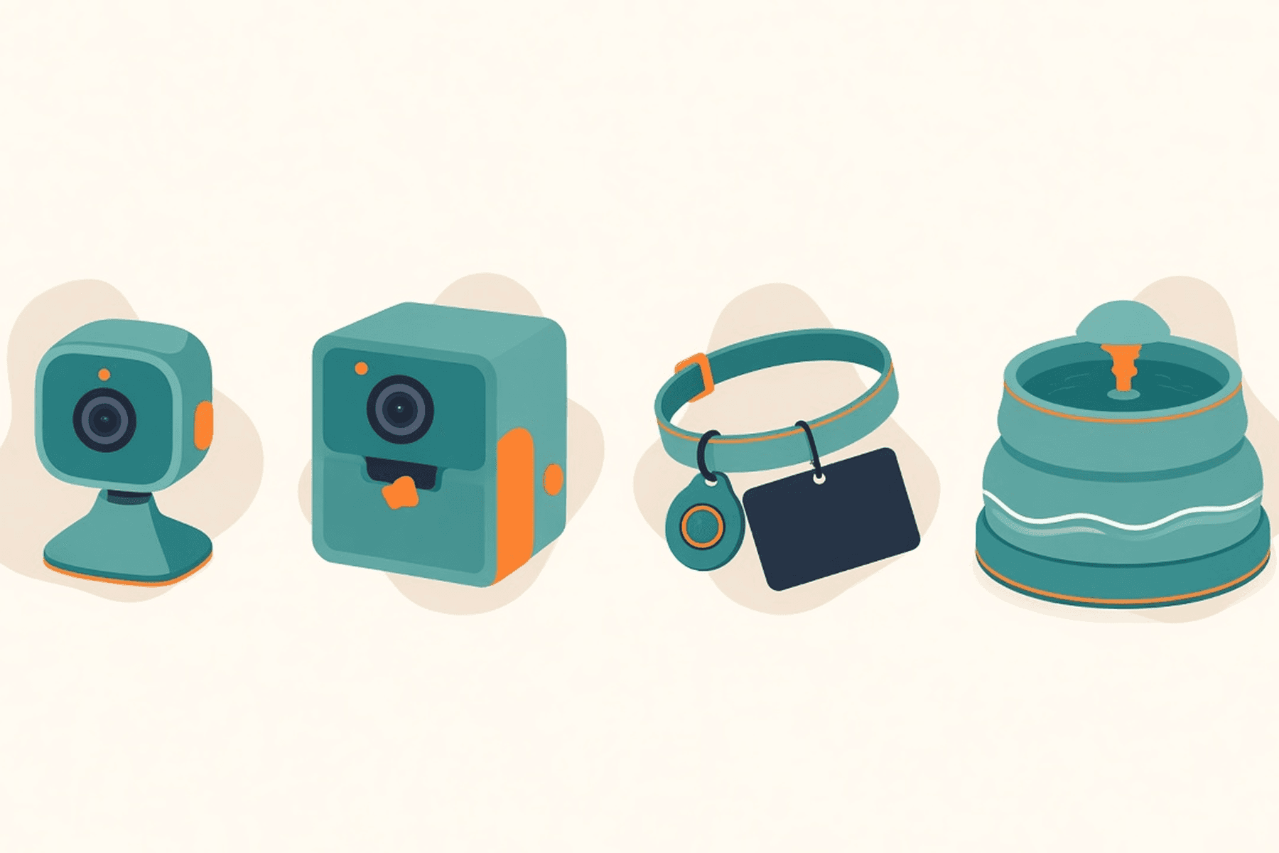 Illustration of a pet camera, a treat-dispensing camera, a collar tracker, and a water fountain in a row, with only…