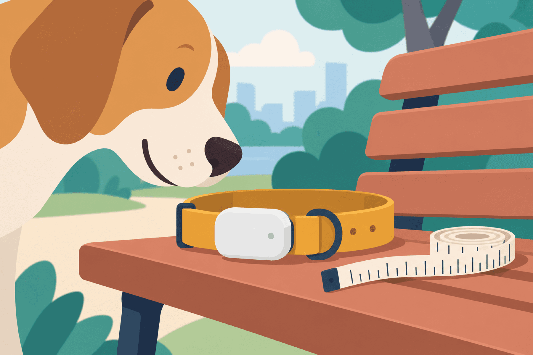 Editorial illustration of a slim white GPS tracker mounted horizontally to a mustard-yellow dog collar beside a…