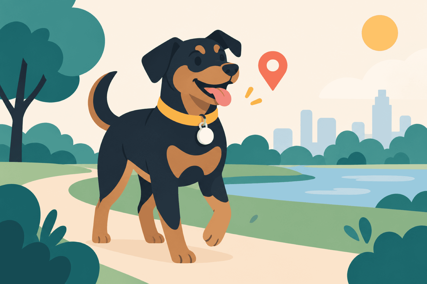 Editorial illustration of a dog wearing a slim white GPS tracker mounted horizontally to a mustard-yellow collar in a park.