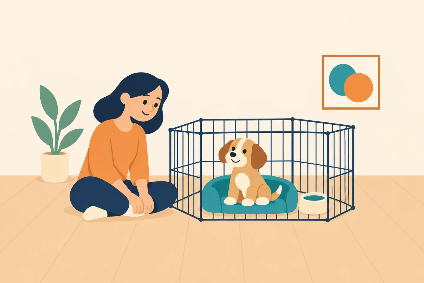 Flat illustration of a caregiver beside a puppy in a roomy open-top pen with a bed and water.