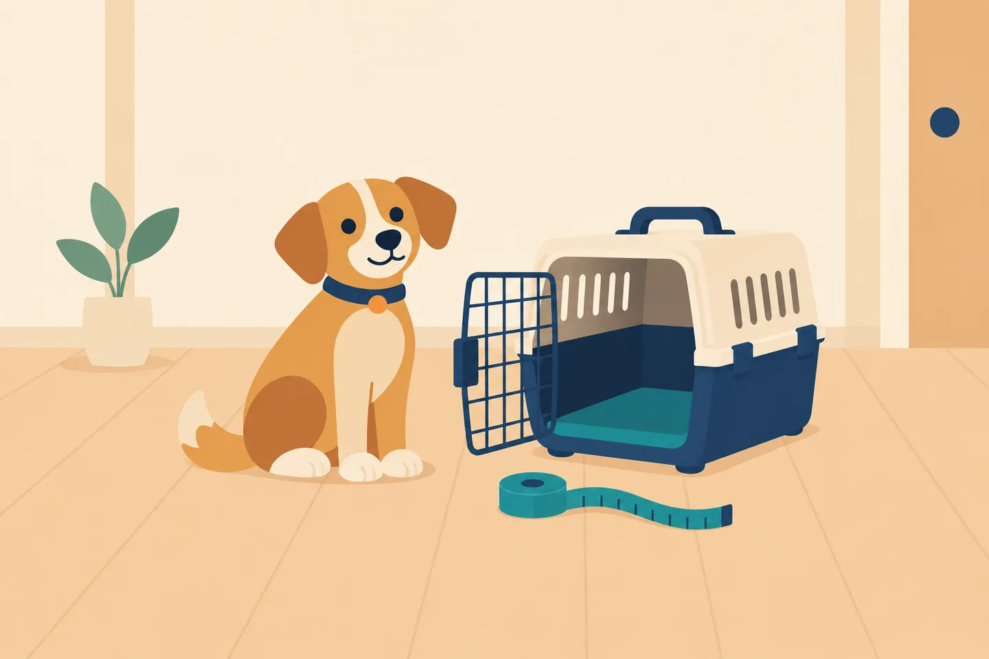 Illustration d'un chien près d'une caisse de transport générique ouverte et d'un mètre ruban.