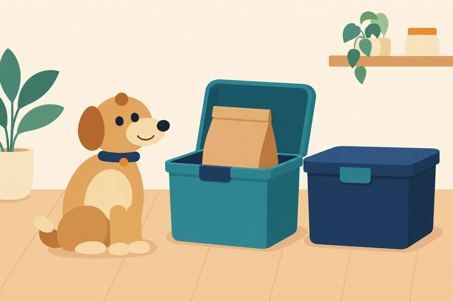 Flat illustration of an original food bag inside an opaque bin, beside a closed bin and dog.