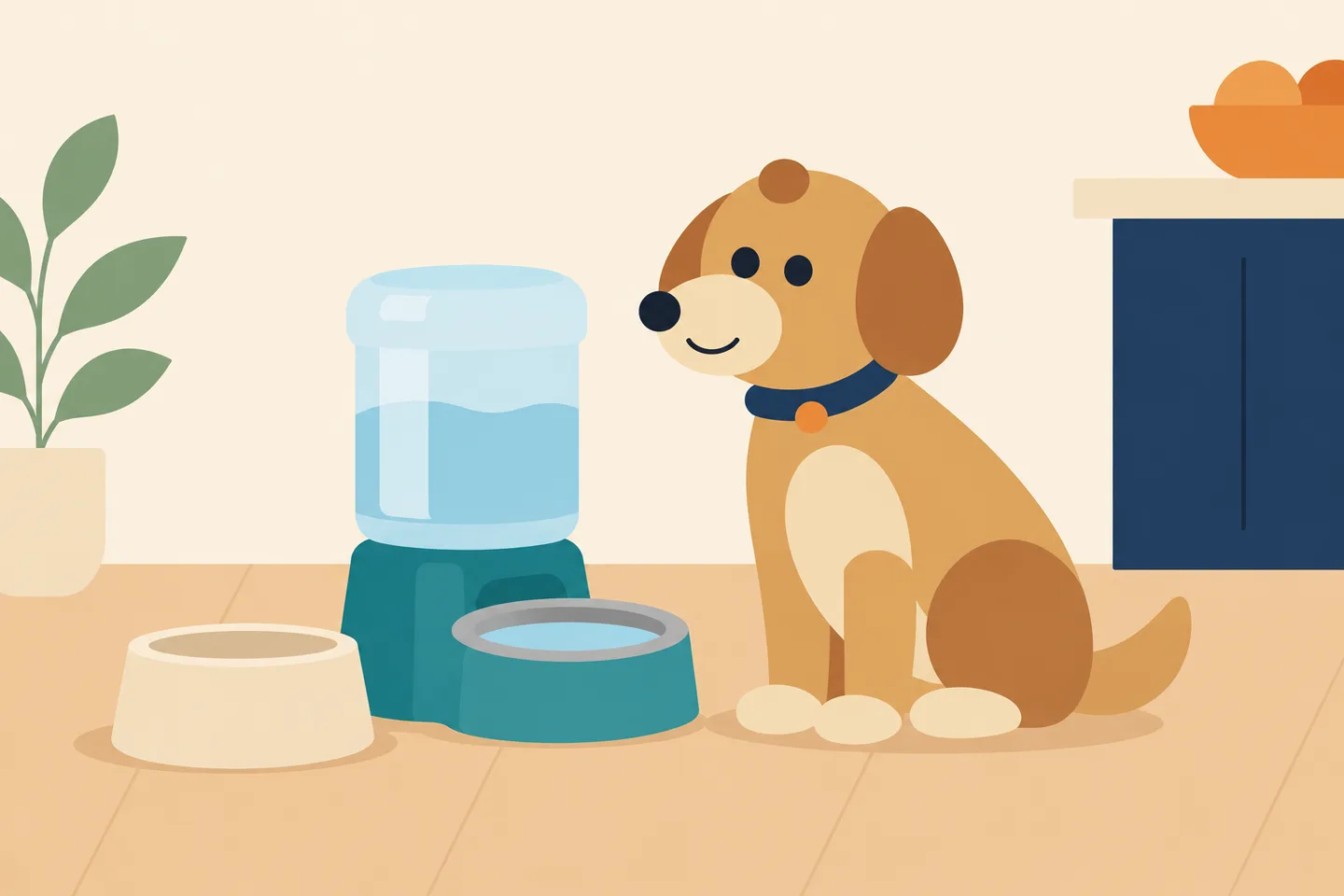Illustration d'un chien près d'un abreuvoir à gravité générique et d'un bol séparé.